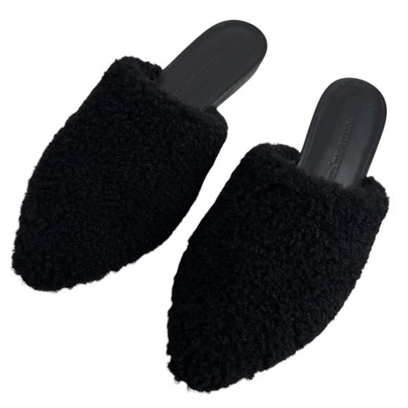 Jenni Kayne Shearling Mule Flats Size 35 Black Slip On Pointed Toe Luxe Texture - Picture 2 of 9